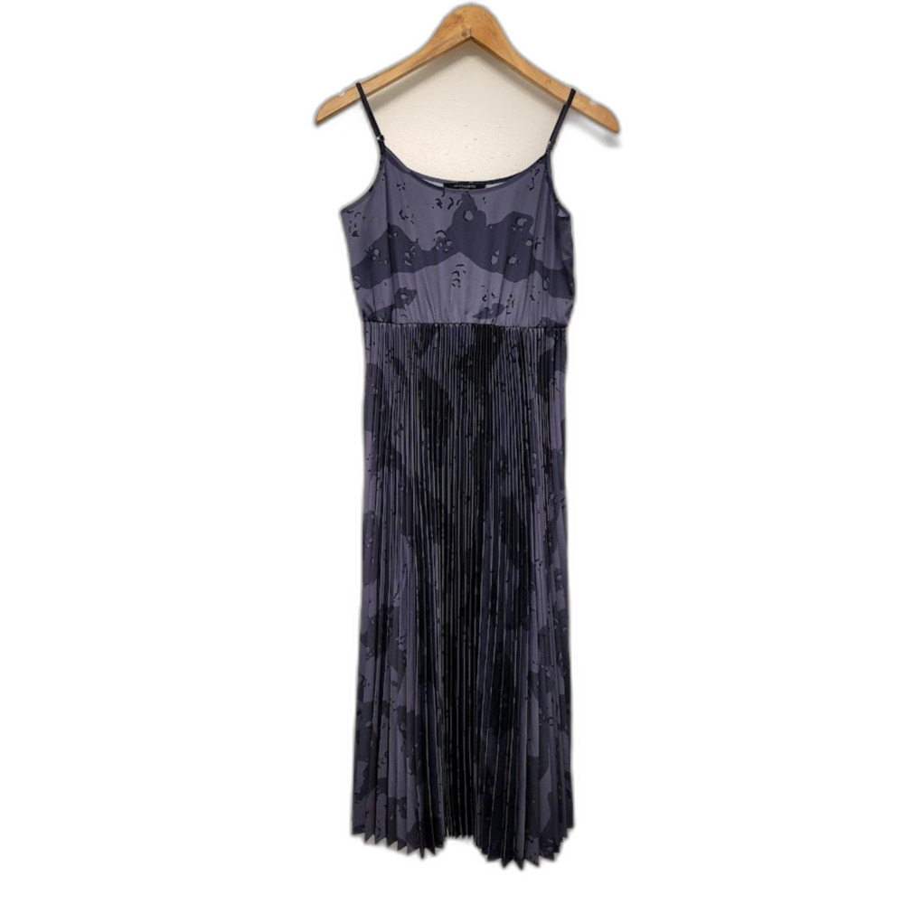 AllSaints Camo Pleated Midi Dress Medium Gray Blue Strappy Y2K Grunge Goth